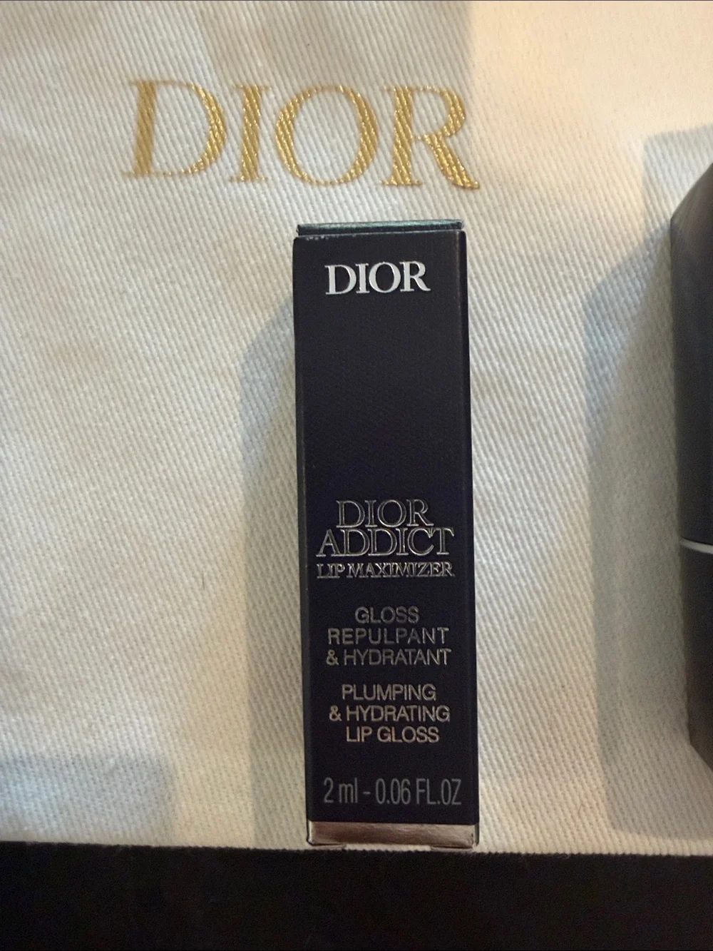 Dior Lip Gloss Set with White Dior Pouch – Black, Gold, White